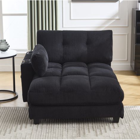 Fauteuil relax noir en velours côtelé, USB, porte-gobelets et poche latérale HAVRYA (1/5)