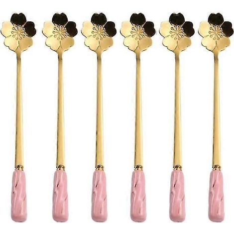 Cuillères à mélanger pour thé glacé et café, en acier inoxydable, rose et or - Lot de 6, Mbbitl, manche en céramique délicate, motif fleurs de cerisier, QTC (1/5)