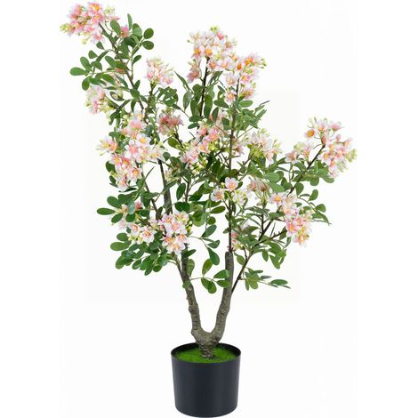 Arbre d'Impatiente Artificiel 90cm, Fleur Artificielle Rose en Pot Ciment avec Faux Gazon & 5 Branches Fleuries, Fausse Plante Interieur Exterieur (1/5)