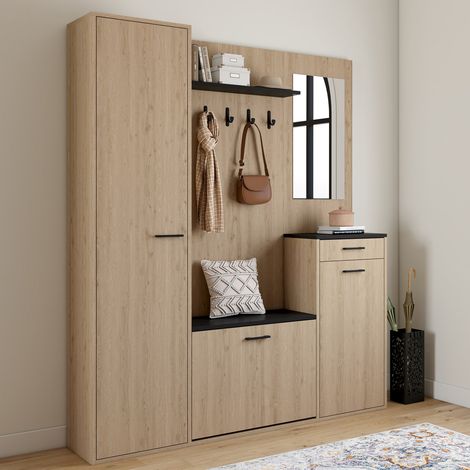 MAHAUT Armario zapatero de pasillo XXL de gran capacidad efecto madera y negro con espejo y estantes