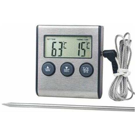 Digitales Küchenthermometer, großes LCD-Display, lange Sonde für Grill, Ofen, Fleisch, Kochtemperatur, Alarm-Timer-Tool