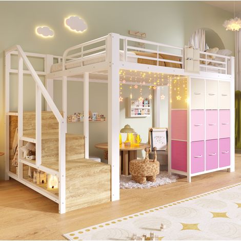 Letto a soppalco 140x200 cm in metallo e MDF bianco, con cassetti, scala contenitore e guardaroba, senza materasso (1/5)