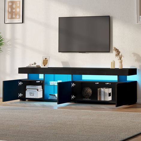 Armoire TV 180x35x45 cm noire haute luminosité,3 portes,verre trempé réglable pour TV jusqu’à 80 pouces. (1/5)