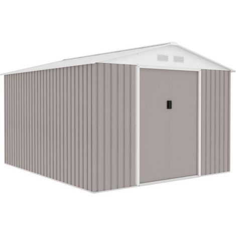 Abri de jardin en métal 8,84 m² - 277 x 319 x 202 cm - URANUS - Kit d'ancrage inclus, 2 portes coulissantes - Taupe (1/5)