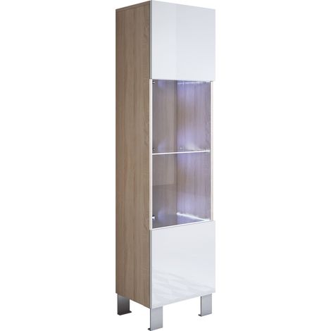 Vetrina con Piedini 12cm e LED  Mobile Soggiorno Moderno  Salotto  Vetrinetta pensile  40x177x28  Modello Luke V6  Sonoma opaco e Bianco lucido