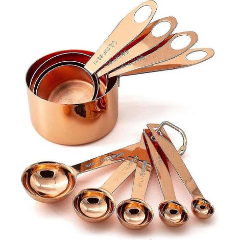 9-teiliges Set zum Abmessen von Küchen- und Backutensilien, hergestellt aus Edelstahl, Kupfer und Chrom. (1/5)
