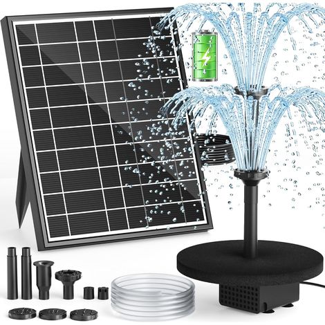 Pompe à Fontaine Solaire avec Batterie, 7.5W Pompe Solaire 3000mAh Intégrée, Buses Double Couche 7+ Modes & Tuyau PVC 1.5m, Fontaine Bassin pour Bac à Oiseaux Jardin (1/5)