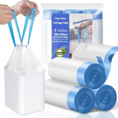 Bolsas de basura con cordón de 4 galones, pequeñas y resistentes al desgarro, de plástico grueso, para uso personal en baños, oficinas y dormitorios. (1/5)
