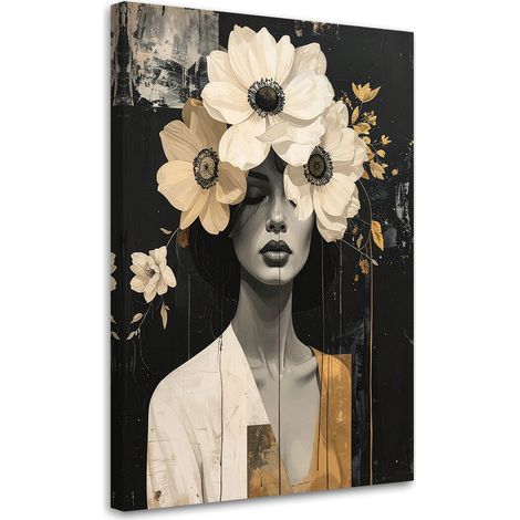 Bild auf Leinwand Frau mit Blumen in Beige im Boho Stil 20x30 (1/5)
