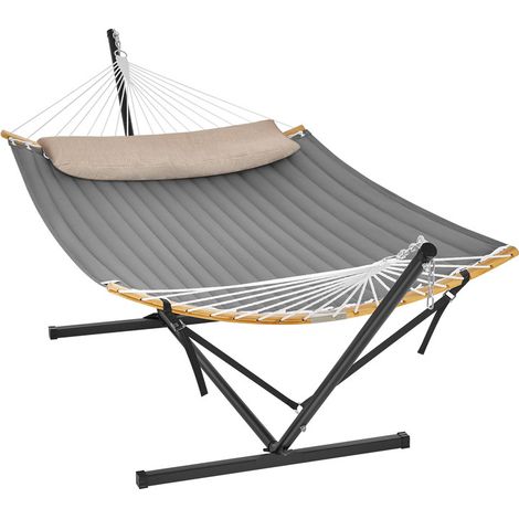 Songmics – Hamac avec support en métal – Capacité de charge 200 kg – Dimensions 400 x 100 x 90 cm – Coussin inclus – Couleur noire et gris/bleu (1/5)