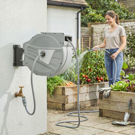 Enrouleur Tuyau Arrosage Mural 40+2 m x Ø 15mm. Dévidoir de Tuyaux d'Eau Rétractable Automatique Pivotant à 180°. Gris