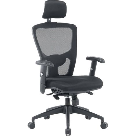 Dmora - Silla de oficina Dhenr, Silla ejecutiva de malla con reposabrazos, Asiento de oficina ergonómico, 68x66h120/130 cm, Negro