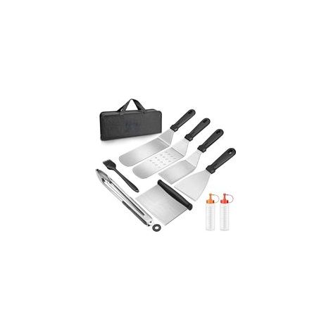 Set di 9 utensili per barbecue in acciaio inossidabile, tra cui spatola, pinze, raschietto e bottiglia, fornito con una borsa per il trasporto. (1/5)