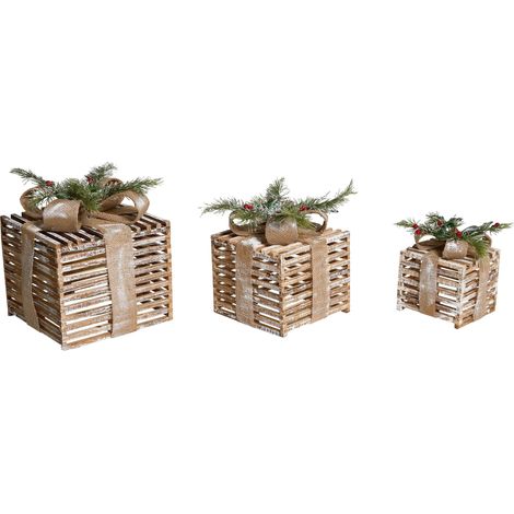 Set of 3 Christmas Decorations Brown Fir Wood LED Light Christmas Gifts Handmade Traditional ROINE
