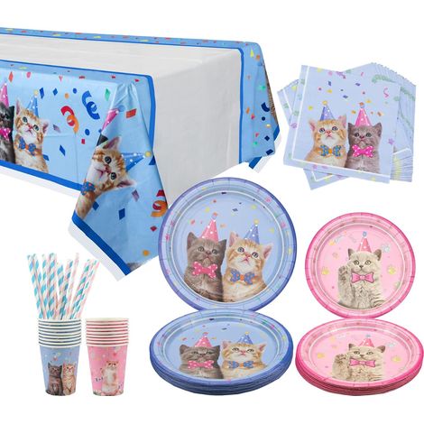CAT Party Fournitures, décorations de fête de chaton Vaisselle jetable, y compris plaques de dîner, plaques de dessert, plaques de serviettes Tapis de paille Nappe - sert 20 (1/5)
