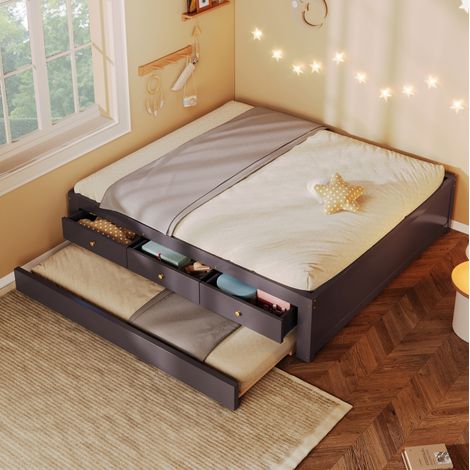 Ausziehbares Bett 140x200 cm in Kaffeebraun, 3 Schubladen, platzsparend, ohne Matratze – MEUBLIV (1/5)
