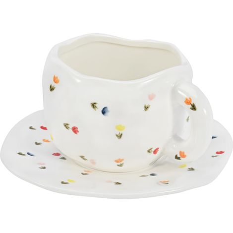 Tasse en céramique rose avec soucoupe, 300 ml, pour café, thé ou lait. Passe au lave-vaisselle et micro-ondes. Motif tulipes colorée