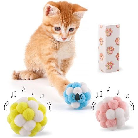 Boules de Jouets de Chat avec Cloche, 3 Pack Boules Floues Douces Colorées Cloche Intégrée, Jouets à Mâcher des Jouets de Chat Interactifs pour Chats Intérieurs et Chatons Jouant (1/5)