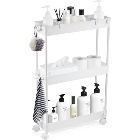 YORKING 3-stufiger Rollwagen Küchenwagen 61×40×13 cm vielseitiger Aufbewahrungswagen mit 360°-Lenkrollen, stabilem PP-Regal & Edelstahlrohr, Faltbarer Mehrzweckwagen für Küche, Bad & Büro (1/4)