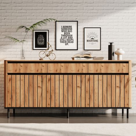Credenza 160x40x73cm in MDF, mobile TV con 3 cassetti estraibili e 3 ante a persiana, 6 piedini in metallo, bordi arrotondati, portata massima 30 kg, cassettiera effetto rovere per soggiorno (1/5)