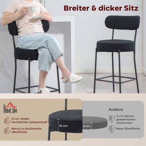 Lot de 2 tabourets de comptoir avec siège et repose-pieds capitonnés, revêtement en fausse fourrure, cadre en acier, noir (1/4)