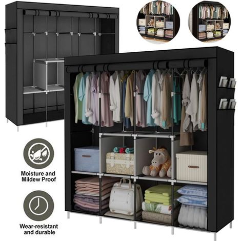Armoire de rangement penderie pliable vêtements en tissu noir dressing 170 x 170 x 45 cm (1/5)