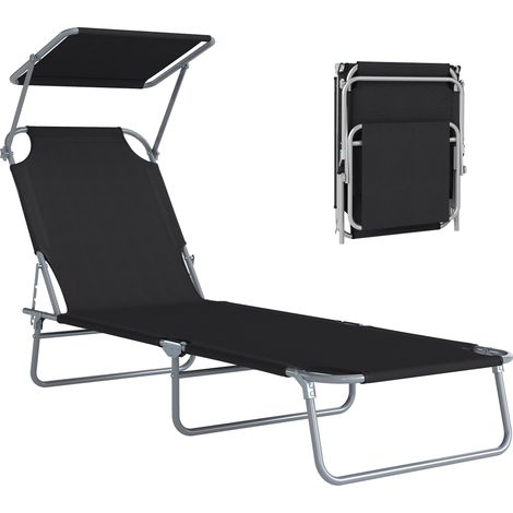 Transat Bain de Soleil Pliable Chaise Longue Pliante Grand Confort Dossier Inclinable Multi-positions et Pare-Soleil réglable Dim. 187L x 58l x 36H cm Noir (1/5)