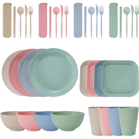 Service de table portable en paille de blé (bols, assiettes et tasses), couteau, fourchette, cuillère et baguettes portugaises. Ensemble de 36 pièces. (1/5)
