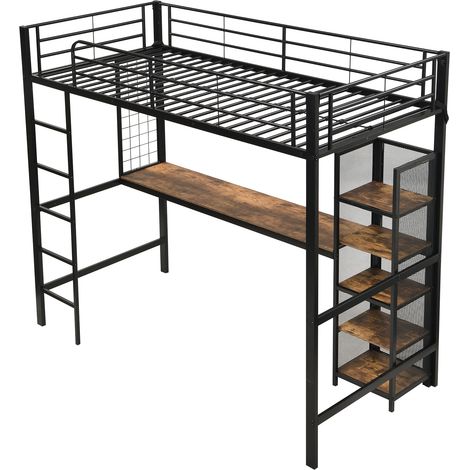 Lit Mezzanine 1 Place avec Bureau, Étagères et Grille Métallique 90 × 200 cm, sans Matelas, Noir Noyer Foncé (1/4)
