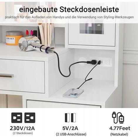 Coiffeuse avec miroir et 10 ampoules LED – Station de charge intégrée – Luminosité réglable – Dimensions 101x40x143 cm – 5 tiroirs, 1 armoire – Blanc — vue 3