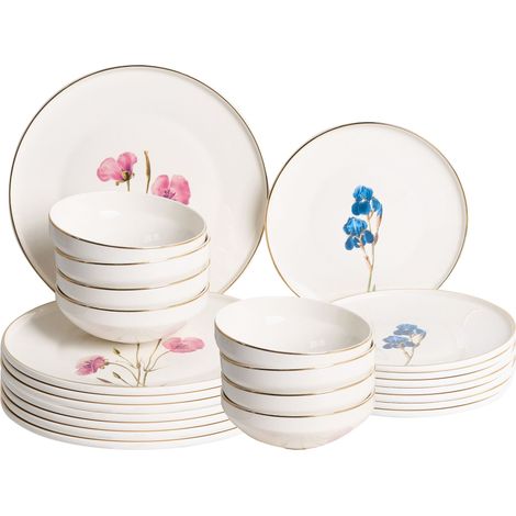 Set of 24 Dinnerware White Porcelain Glaze Finish Flower Multicolour Pattern Bowls Plates Kitchen Dining Room HYSSOP (1/5)