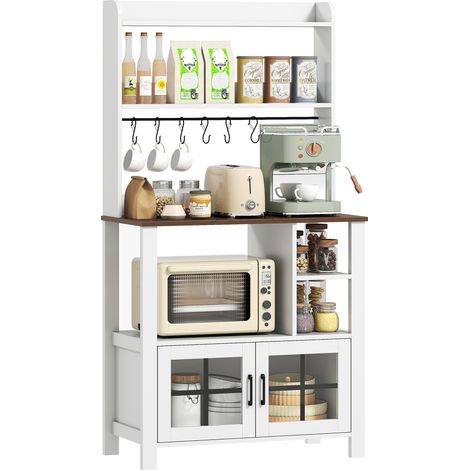 Mobile da cucina con 6 ganci portabicchieri, 2 ante in vetro e ripiani a giorno, 80x40x152 cm, colore bianco.