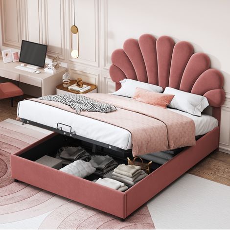 Cama doble tapizada moderna 140x200 cm en terciopelo rosa, con cabecero floral regulable, somier de láminas y arcón (1/5)