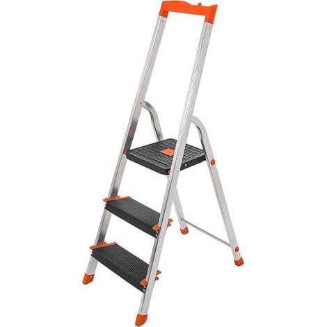 Échelle à 3 marches escabeau pliable en aluminium marches de 12 cm de large avec rainures pieds antiglisses main courante porte-outils charge 150 kg argent (1/5)