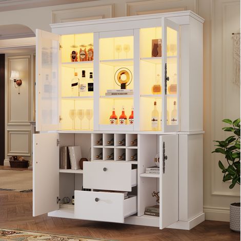 Vetrina 130x37.5x170.5 cm con 2 cassetti, 4 ante e 8 portabottiglie, LED, legno e vetro, bianco (1/5)