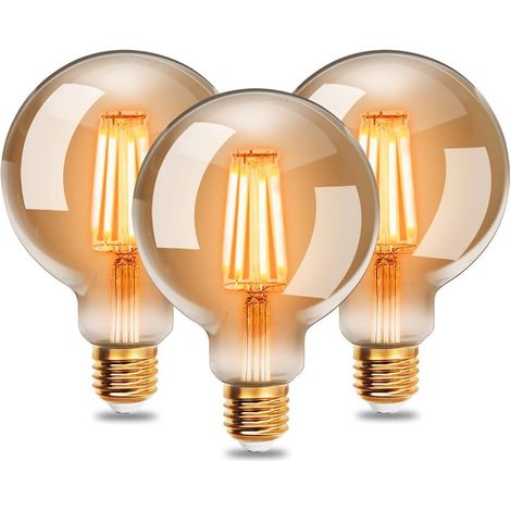 Edison Vintage Glühbirne, 95mm Durchmesser, Nicht Dimmbar, G95 E27 LED Filament Lampe, 4W Ersetzt 40W Glühlampe, 400 LM, 2200K Warmweiß, Bernsteinfarbenes Glas, 3 Stück (1/5)