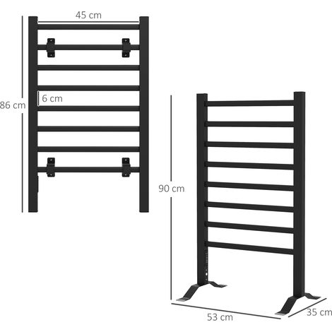 Sèche-serviettes électrique 150 W, fixation murale ou sur pied, 8 barres chauffantes, minuterie 2-4 heures, 53 x 35 x 90 cm, noir (1/5)