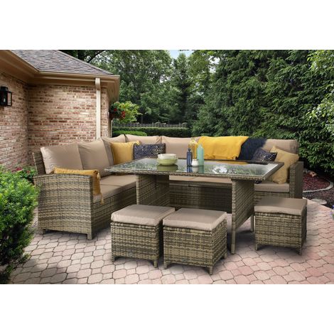 Signature Weave Charlotte Wicker Corner Sofa Dining Table Set 3 x Stools Brown (1/5)