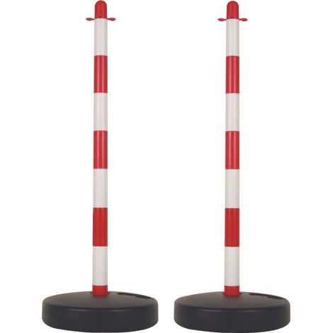 Perel PVC Absperrpfosten Set, 2 Stück, rot weiß, 90 cm hoch, befüllbarer Fuß mit Sand oder Wasser, verbindbar, Pfosten mit Kette oder Band, für Veranstaltungen, Parkplätze, Gastronomie, (1/5)
