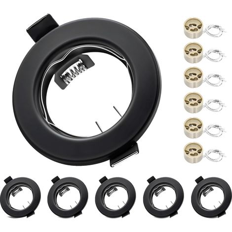 Lot de 6 Support Spot Encastrable GU10 Noir Mat Sans Ampoule Cadre Rond Métal Douille Céramique Durable Compatible Plafond Ø55-70mm Éclairage Intégré Moderne Élégant (1/5)