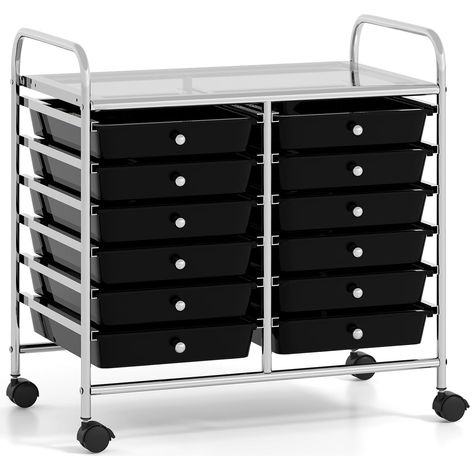Chariot de Rangement à roulettes 12 Tiroirs en PP, Tour de Rangement avec Tablette, Roues Universelles, Desserte Meuble Tiroir (Noir) (1/5)