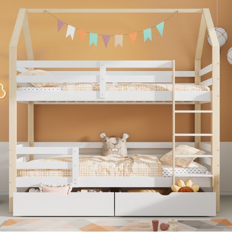 Cama infantil casita de madera maciza blanco y roble 90x200 cm con somier y cajones de almacenaje (1/5)