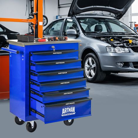 Carro de herramientas metálico con 6 cajones y ruedas ideal para garajes talleres y talleres mecánicos color negro y azul