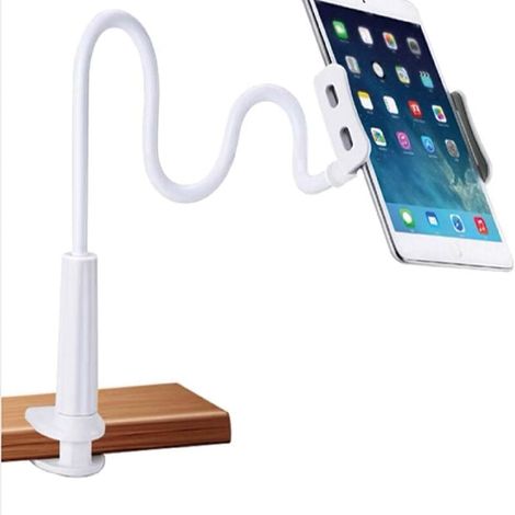 Support de téléphone portable, col de cygne, tige de support rotative à 360°, réglable d'une seule main, pour tête de lit, table de chevet (blanc). (1/4)
