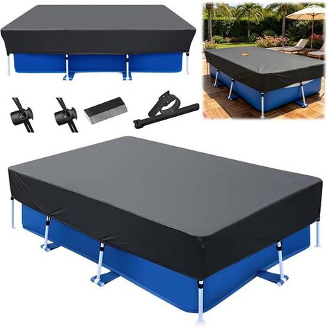 Poolabdeckung, 300 × 205 × 30 cm, inklusive Montagezubehör, wasserdicht und UV-beständig, geeignet für Aufstellpools, schützt vor Laub, schwarz (1/5)