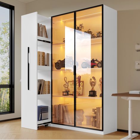 Vitrine haute 110,5x35x160 cm en MDF et verre blanc, avec rangement moderne pour salon FloraGrace (1/5)