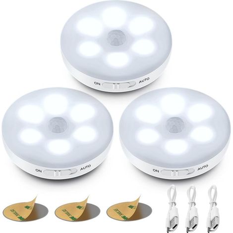 Veilleuse LED Automatique, Lampe Detecteur de Mouvement Interieur, Lumiere Autocollante USB Pile Rechargeable, LED Sans Fil (Blanc) (1/5)