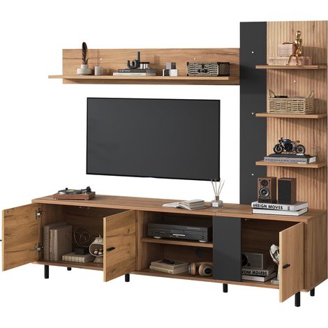 Mueble TV con 3 Puertas y Estantes Abiertos para Salón, en Tablero de Partículas, Negro y Madera, 187.5×40×167 cm (1/5)