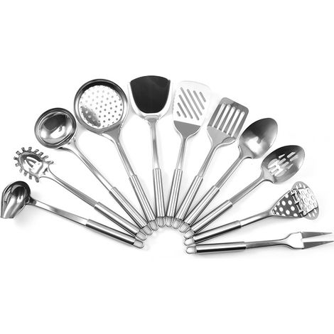 Set d'ustensiles de cuisine en acier inoxydable argent, 11 pièces, passe au lave-vaisselle, facile à nettoyer (1/5)