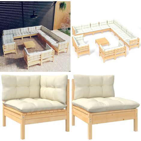 Salon de jardin 14 pcs avec coussins crème Bois de pin solide - Salon De Jardin - Mobilier De Jardin - Ensemble Salon De Patio - Meubles De Jardin - Chaise Longue - Home & Living (1/5)
